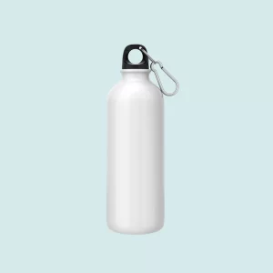 Aluminium white water bottle 600ml with a blue background. The water bottle has two black leads.